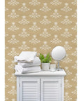 Custom Printed Block Print Faux Vinyl Wallpaper Featuring Subtle Leather Texture And Next Level Commercial Grade Durability Professional Paste Application For Event Spaces And Home Refreshes Built Tough with towels and a mirror.