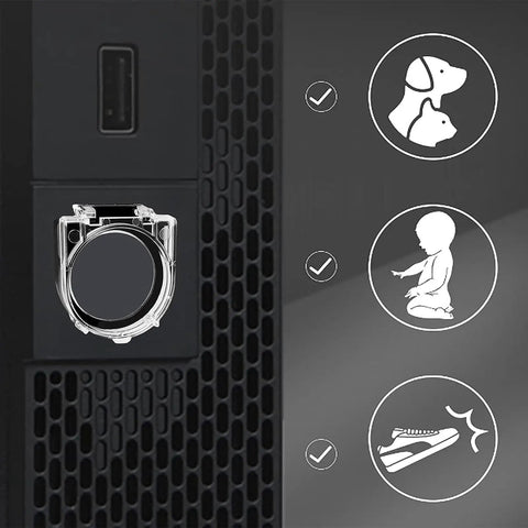 Eight Piece Push Button Cover Set Keeps You From Accidentally Pressing Buttons On Elevators Washing Machines And Office Equipment With Dustproof Waterproof Plastic Protection shown on black appliance with icons of dog, child, and shoe.