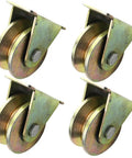 Premium Heavy Duty Steel Swivel Caster Wheels With V Groove Track And Dual Bearings For A Sweet Glide on sliding doors, close-up view.