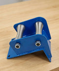 Heavy Duty Cable Pulley Roller Guide Block With Steel Frame And Visible Fasteners For Industrial Utility Jobs Two Wheel Nylon H Type 160 By 140 Mm Rugged Routing Tool For Tough Job Sites blue steel frame