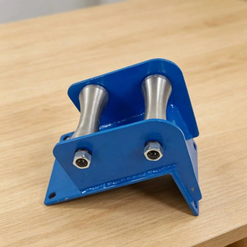 Heavy Duty Cable Pulley Roller Guide Block With Bolted Bracket Steel For Utility Work And Construction, 160mm And 100mm Grooved Wheels, Three Link Heavy Duty Wheel System, blue steel frame