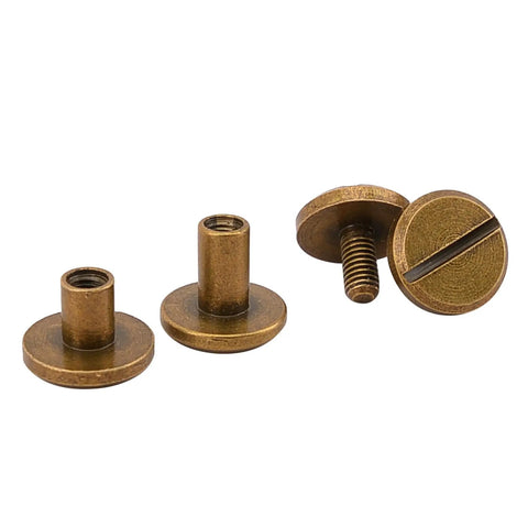 Premium Slick Heavy Duty 10 Pack 1/4 Inch Chicago Screws Brass Quick Detach Rivet Fasteners, showing three brass fasteners and threaded posts.