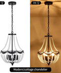 Crystal Four Light Chandelier Black Farmhouse Pendant Fixture in on and off states with E12 dimmable bulbs
