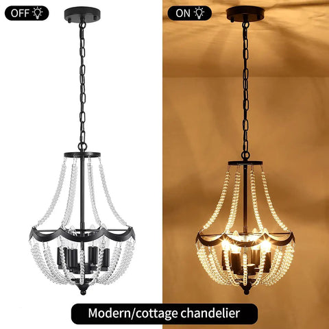 Crystal Four Light Chandelier Black Farmhouse Pendant Fixture in on and off states with E12 dimmable bulbs