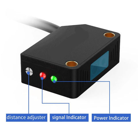 Square Laser Photoelectric Sensor With Diffuse Reflection Visible Spot 0 To 30 Cm Sensing Range NPN PNP 10 To 30 V DC