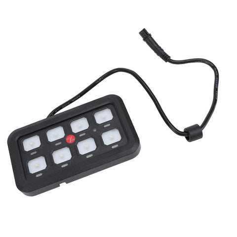 8 Gang LED Touch Switch Panel With Water Resistant Dimmable Relay System For Trucks Boats ATVs UTVs SUVs And RVs 12 To 24 Volt 1200 Watt 60 Amp High Performance Control For Multiple Devices And Dimmer Functions, showing black panel with 8 LED buttons.