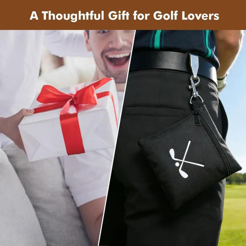 Waterproof Golf Tee Bag With Rotating Clip And Ball Holder Pouch attached to golfer's belt and gift box with red ribbon.