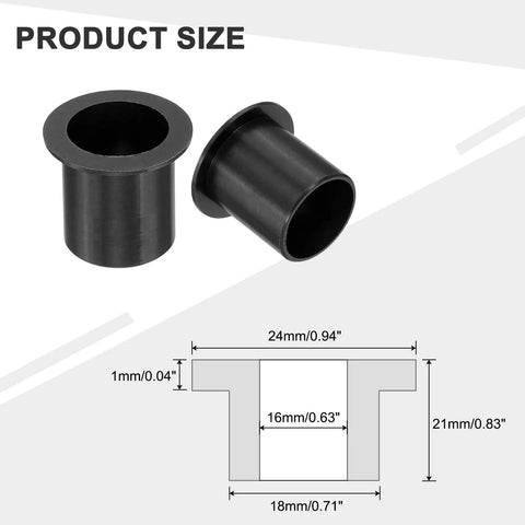Top Shelf 10 Pack Flanged Sleeve Bearings Made From Solid Pom Plastic Bushings With 16mm Inner Diameter And 18mm Outer Diameter For Zero Friction Shaft Spin And No Sweat Machine Repairs In Flat Black size comparison with dimensions.