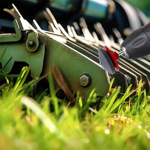 Dull Lawn Mower Blade Sharpener Kit 2024 Upgraded Universal Blade Sharpeners For Lawn Mowers Works With Any Power Drill in use