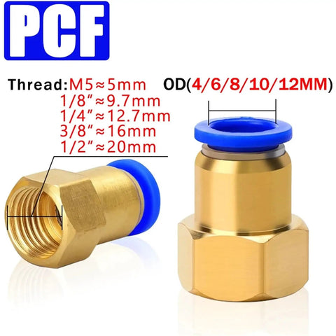 100 Piece Pneumatic Air Connector Set Brass Quick Pipe Fittings with blue seal, showing thread sizes, 4-12mm, 1/8-1/2 inch