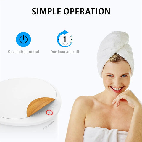 Woman smiling with towel wrapped hair next to Bucket Style Towel Warmer Ultra Large Capacity 450W For Bathroom ETL Certified FCC Approved Auto Shut Off Fits Up To Two 40x70 Towels Blankets And Bathrobes Cozy Warmth For The Whole Fam.
