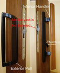 Interior and exterior view of Mortise Style Reversible Sliding Patio Door Handle Set With Oak Wood Interior Handle And White Diecast Exterior Pull An Easy Swap For Your Old Door Hardware Fits 3-15/16 Inch Screw Hole Spacing Non Keyed With Latch Locks Black.