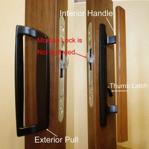 Interior and exterior view of Mortise Style Reversible Sliding Patio Door Handle Set With Oak Wood Interior Handle And White Diecast Exterior Pull An Easy Swap For Your Old Door Hardware Fits 3-15/16 Inch Screw Hole Spacing Non Keyed With Latch Locks Black.