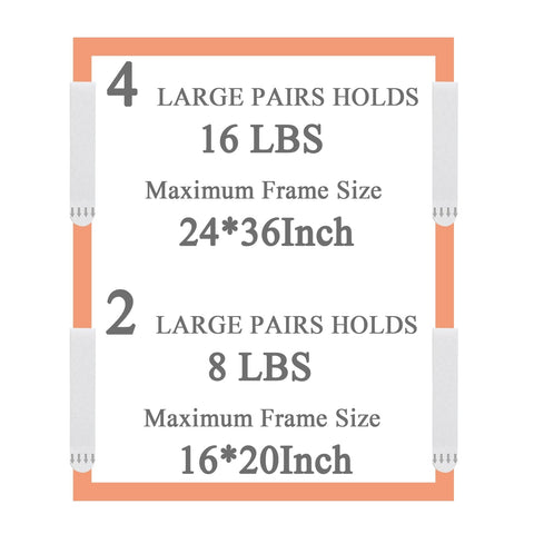 Heavy Duty Large Picture Hanging Strips 32 Adhesive Strips 16 Pairs No Nails No Damage Wall Hangers diagram 24x36 and 16x20 sizes