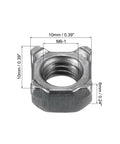 M6 Square Weld Nuts Carbon Steel UNC Thread Gray Coated 100 Piece Set Rock Solid Heavy Duty Hardware Kit, detailed view.
