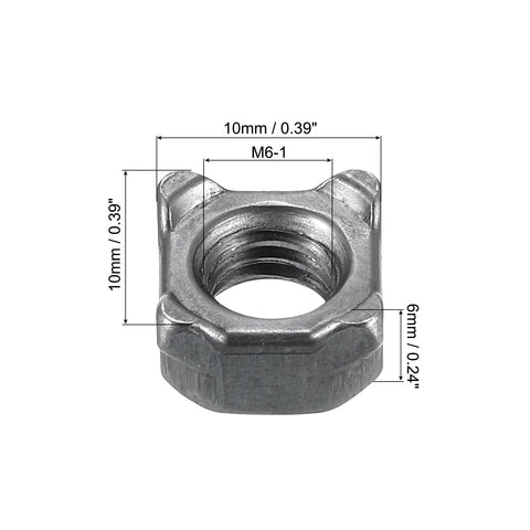 M6 Square Weld Nuts Carbon Steel UNC Thread Gray Coated 100 Piece Set Rock Solid Heavy Duty Hardware Kit, detailed view.