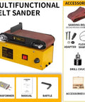 Heavy Duty Benchtop Belt Disc Sander With Badass Variable Speed Multifunctional Sanding Grinding Machine Featuring Bulletproof CBN Wheel And Complete Collet Kit For Slick Shop Runs shown with sanding belt and accessories.