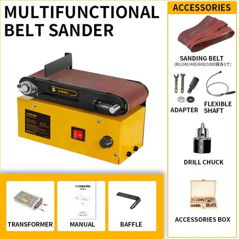 Heavy Duty Benchtop Belt Disc Sander With Badass Variable Speed Multifunctional Sanding Grinding Machine Featuring Bulletproof CBN Wheel And Complete Collet Kit For Slick Shop Runs shown with sanding belt and accessories.
