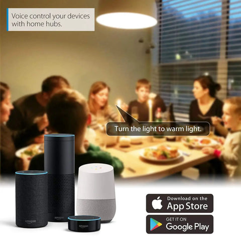 Family dining with BR30 Smart LED Flood Bulbs 13W 1300 Lumens RGB Color Changing, Dimmable, controlled by Alexa and Google Assistant.