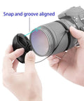 Attaching 39mm Lens Cap Covers Snug Fit For Lenses With 39mm Filter Thread to camera lens, showing snap-and-groove alignment