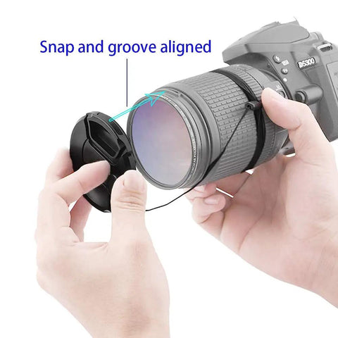 Attaching 39mm Lens Cap Covers Snug Fit For Lenses With 39mm Filter Thread to camera lens, showing snap-and-groove alignment