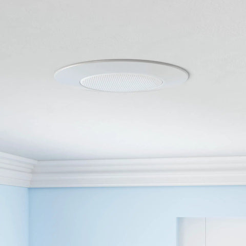 Ceiling view of 6 Inch White Recessed Shower Trim With Albalite Lens Fits 6 Inch Recessed Housings 8 Inch Trim Diameter 5.25 Inch Aperture