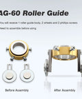 AG-60 Roller Guide showing components before and after assembly, featuring slotted cup roller guide for plasma cutters.