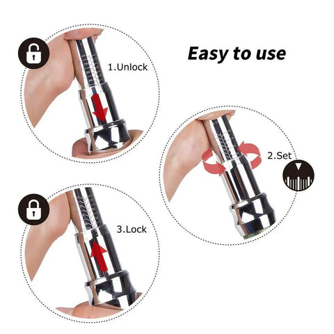 Instructional graphic showing how to unlock, set, and lock the 1/2-Inch Drive Click Torque Wrench Set Dual Direction Adjustable High Precision Wrench With Buckle Heavy Duty Pro Grade Steel.