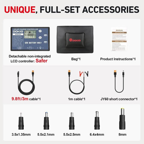 Accessories of 100W Portable Foldable Solar Panel Kit With Standalone Controller And USB shown with cables, connectors, and manual