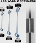 Heavy Duty Door Hinge Gap Adjuster Tool With Double Head Pro Grade Steel Spanner showing size adjustments from 8.5 to 24.5mm