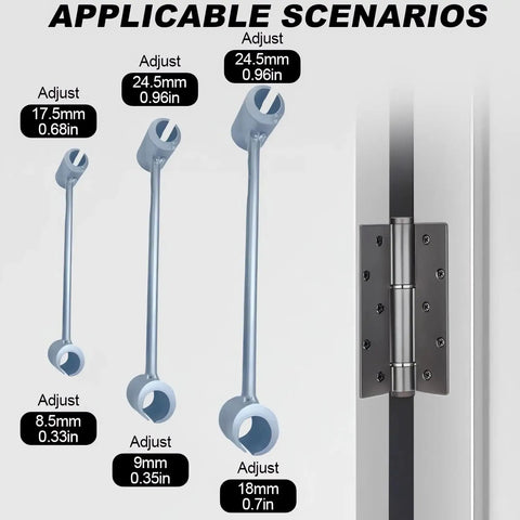 Heavy Duty Door Hinge Gap Adjuster Tool With Double Head Pro Grade Steel Spanner showing size adjustments from 8.5 to 24.5mm