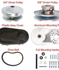 Components of Torque Converter DIY Kit For Go Karts And Mini Bikes With 6.5 HP Engine, including pulleys, cover, plate, belt, and hardware.