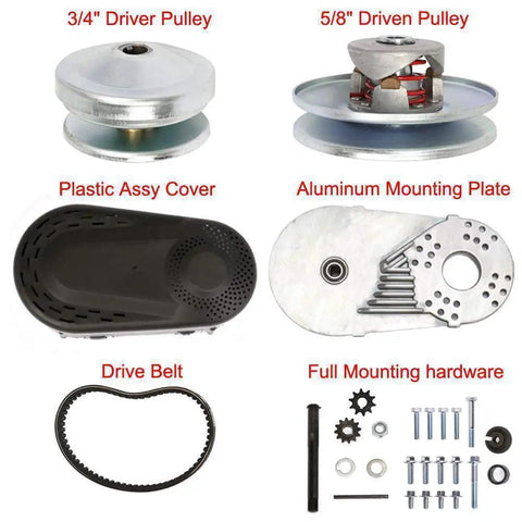 Components of Torque Converter DIY Kit For Go Karts And Mini Bikes With 6.5 HP Engine, including pulleys, cover, plate, belt, and hardware.