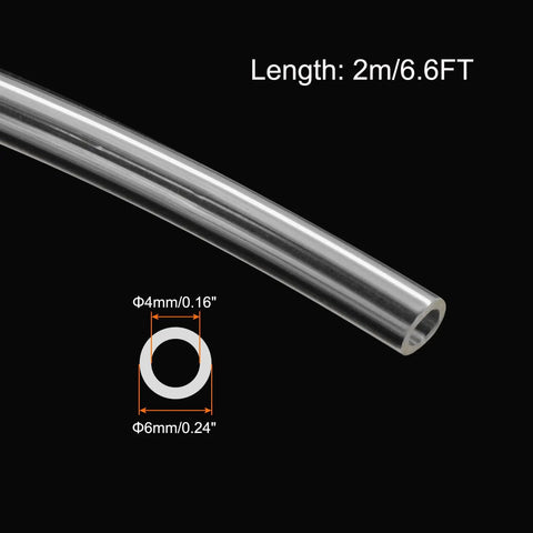 Clear PU Tubing 6mm By 4mm Pneumatic Air Line Hose 6.6Ft 2M Flexible For Air Compressors Fluid Transfer And Brake Systems Tough As Nails And Corrosion Resistant, showing length and diameter.
