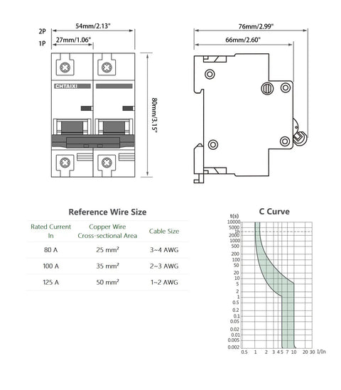 80 Amp 2 Pole AC Miniature Circuit Breaker With Thermal Magnetic Trip For 120V 240V DIN Rail Mount Solar Disconnect MCB 2P C80 Overload And Short Circuit Protection DIY Friendly Panel Mount Heavy Duty Electrical Breaker technical diagram with dimensions and wire size chart.