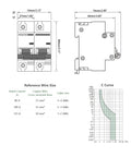 120V/240V AC Miniature Circuit Breaker, 100 Amp, 2-Pole, Curve C Magnetic Trip for Overload and Short Circuit Protection, Durable Silver Contacts, Flame Retardant Housing, Color Indicator, Great for Home Panels. Dimension diagram and C-curve chart