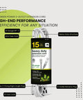 Image of packaging for 15ft Heavy Duty Extension Cord With 3 Outlets Grounded Plug Flush Fit Design That Sits Tight Against Walls 16/3 SPT-3 Contractor Grade Ideal For Home And Small Appliances.