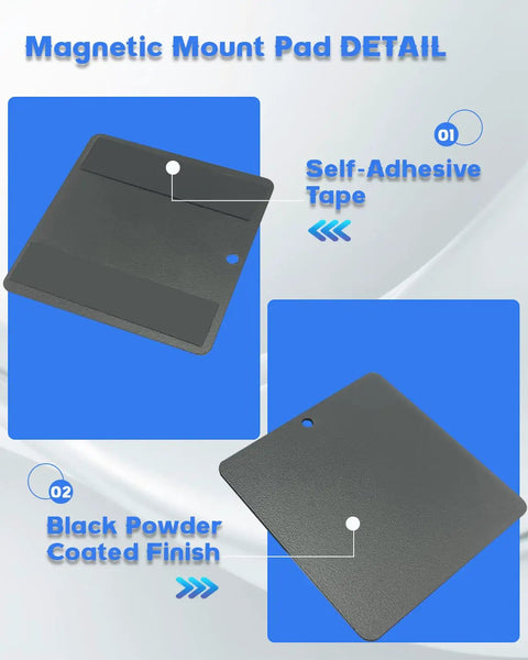 Self Adhesive Magnetic Mount Pad For Aluminum Cabs No Drilling 8 Pack, detail of self-adhesive tape and powder coated finish.
