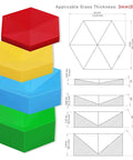 Four Layer Stained Glass Succulent Soldering Jig Kit With 3D Flower Bloom, Five To Six Petal Design, Adjustable Angles in red, yellow, blue, green for DIY Glass Art And Craft Projects. View of stacked jigs and measurements.