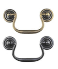 Four Pack Antique Black Three And A Half Inch Hole Center Drawer Pull Handles Gooseneck Ring Pullers in black and brass finishes