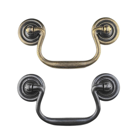 Four Pack Antique Black Three And A Half Inch Hole Center Drawer Pull Handles Gooseneck Ring Pullers in black and brass finishes