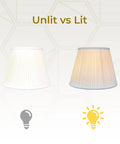 Empire Style Side Pleated Basic Lamp Shade White 12 Inch Top 20 Inch Bottom 15 Inch Height Silk Shantung Fabric With Off White Styrene Lining unlit and lit comparison.
