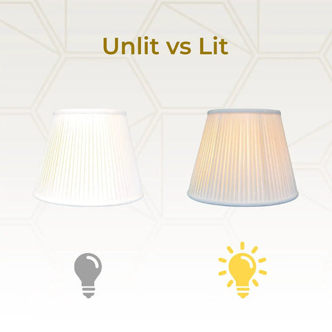 Empire Style Side Pleated Basic Lamp Shade White 12 Inch Top 20 Inch Bottom 15 Inch Height Silk Shantung Fabric With Off White Styrene Lining unlit and lit comparison.