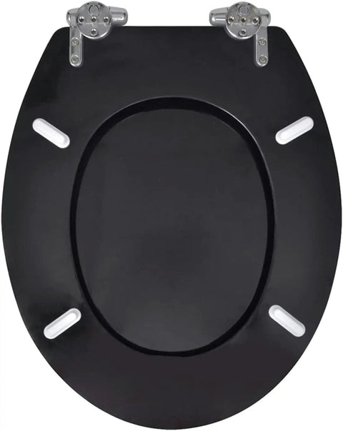 Dual Pack Toilet Seat Set Featuring Silent Soft Close Lids And Sturdy Mdf Build With Smooth Glide Mechanics And Matte Black Hardware, top view of matte black toilet seat.