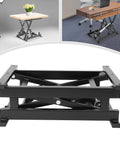 Rugged Electric Scissor Lift Table With 250 Lbs Capacity And Heavy Duty Hydraulic Pump Built Tough Anti Pinch Safety Platform Adjustable Workstand For Home Shop, black scissor lift frame side view.