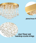 Three Light Crystal Chandelier With Brass Finish Flush Mount Ceiling Light Fixture for Living Room showcasing crystal and brass details.