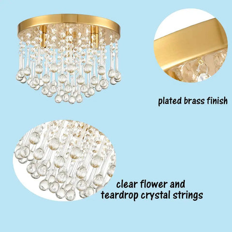 Three Light Crystal Chandelier With Brass Finish Flush Mount Ceiling Light Fixture for Living Room showcasing crystal and brass details.