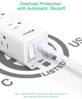 Close-up of Dope 12 Outlet Surge Protector Power Strip With 3 Side Design Wall Mount Flat Plug 5 Foot Cord Widely Spaced Outlets Overload Protection And 900 Joules Surge Protection For Home Office Dorm Room showing the overload protection switch labeled off