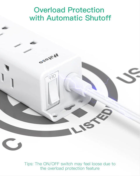 10 Ft Extension Cord Power Strip Pack With Flat Plug, 2 Pack 9 Outlet Surge Protector showing automatic shutoff feature.