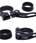 Quick Release Aluminum Bike Seat Post Clamp Collar For 28.6mm 31.8mm And 34.9mm Seats with silicone dust ring, top view.